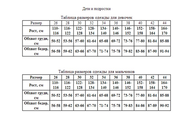 Таблица размеров